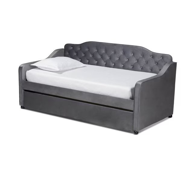Freda Grey Velvet Upholstered and Tufted Twin Size Daybed with Trundle, Baxton Studio, Mfr#: 163-10332